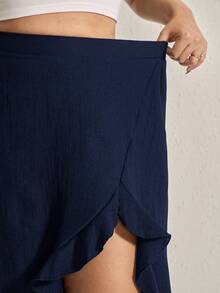 Comfylo Plus Ruffle Trim Asymmetrical Hem Summer Women Skirt - Navy Blue - View 8