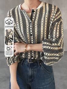 FRIFUL Chaqueta de mujer con cuello redondo y apertura frontal de tela texturizada - Beis - Ver 1