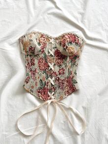 Soleia Going Out Outfits  Summer Holiday Outfits Women's Floral Jacquard Eyelet Lace-Up Design Fashion Bandeau Top - Multicolor - View 5