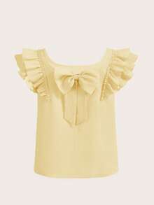 SHEIN Clasi Square Neck Double Layer Cap Sleeve Shirt With Bow Decor At Back - Cream - View 6