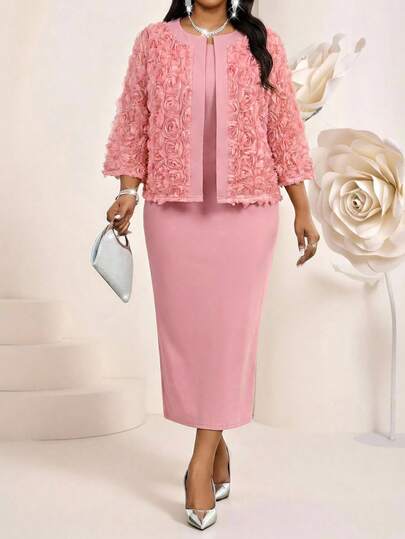 Fleurora Spring And Summer Elegant Commuting Office Casual Boho Casual Outing Colorful Woven Pencil Leg-Of-Mutton Sleeve Contrast Sequin Midi Short Sleeve Plus Size Co-Ords