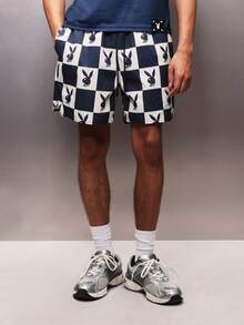 PLAYBOY X SUMWON Checkerboard Pattern Pull On Nylon Shorts With Elastic Waist For Casual Summer Streetwear Style - Blue - View 4