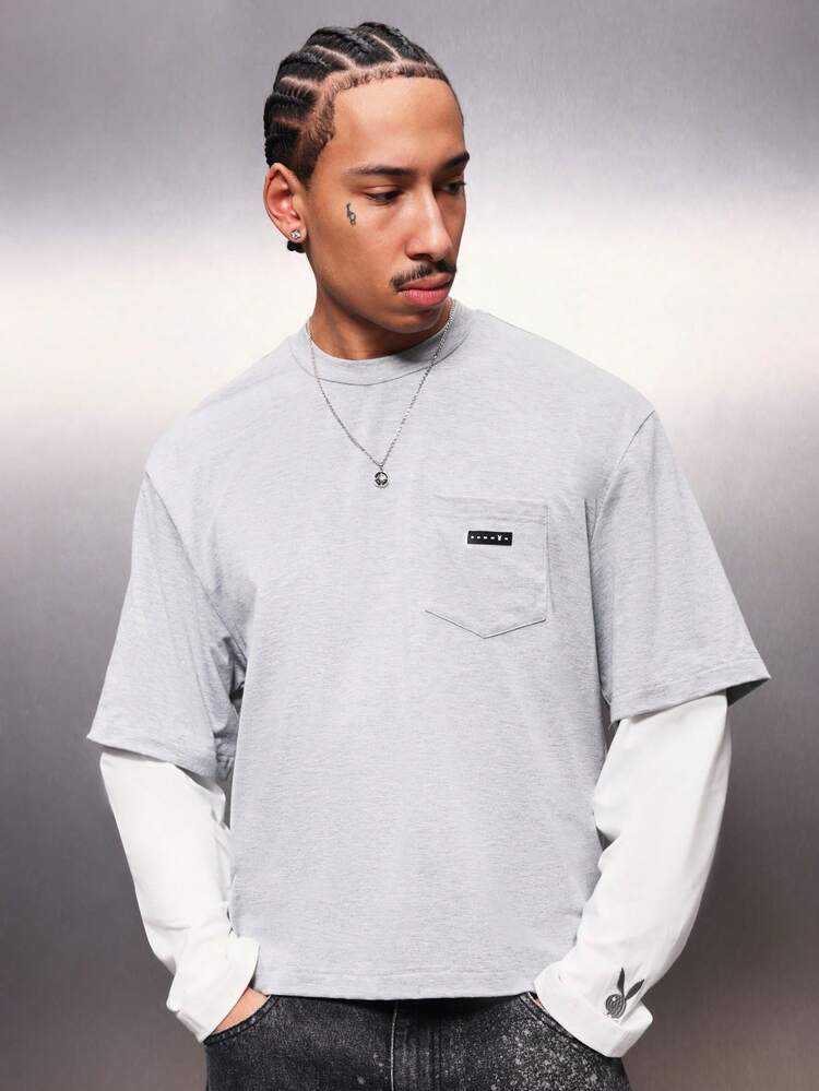 PLAYBOY X SUMWON Layered Crew Neck Short Sleeve Jersey Cotton Tee With Long Sleeve Underlayer Casual Streetwear Essential For Men