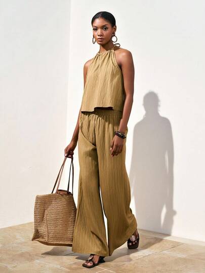 Zivah Spring/Summer New Arrivals: Music Festival, Western, Nomadic, Birthday Party, Graduation Season, Preppy, Student Wear, Everyday Wear, Basic Versatile, Casual, Vacation, Cruise Travel, Beach, Seaside, Sunbathing, Popular Influencer Items, Streetwear, Sleeveless Loose Vest Halter Neck Tie Backless Top And Loose Wide-Leg Pants, Women's Crinkled Fabric Casual Elegant Two Pieces Set - A