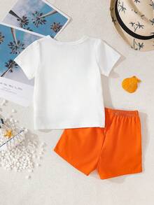 SHEIN Playful Pals 2pcs/Set Infant/Toddler Baby Boy White Summer Casual Beach Vacation Holiday Palm Tree & Letter Print T-Shirt And Drawstring Shorts Hawaiian Outfits - Orange - View 2