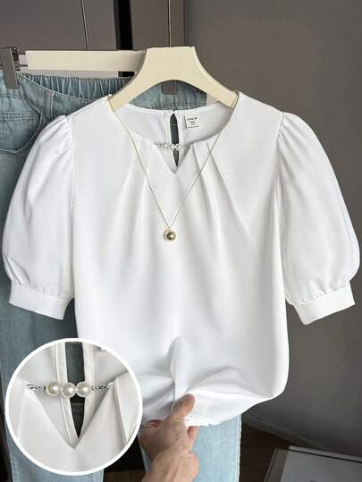 Teen Girls White Solid Color Elegant Lady Commuting Small V-Neck Pearl Chain Decor Puff Sleeve Blouse, White Top Blouse For Teens White Blouse Puffy Sleeve Blouse Cute White Tops Pearl Detail Blouse Blouses Teen White Blouse Girls