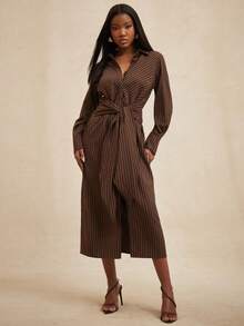 NYA SZN 长袖连衣裙，翻领纽扣设计，裹身细节，宽松飘逸，棕色格子图案，适合秋冬季、春季、圣诞节、节日、新年夜、光明节、商务休闲、办公室活动、派对等场合，女士长款连衣裙 - 棕色 - 查看 4