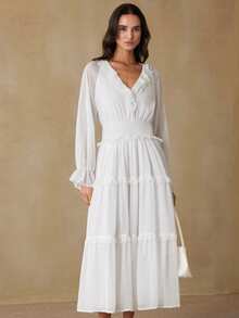 Revavyn Fashionable Layered Ruffle Collar White Bell Sleeve Dress, Palace Style - White - View 3