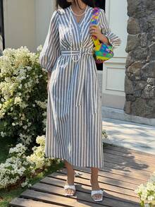 Livesso Frühlings- und Sommer-Gestreiftes Farbblock Boho-Stil Casual Urlaubs-Strand Elegantes Pendler-Lässiges Kleid mit Bindegürtel, Langarm Midi-Kleid für Damen Sommerkleid - Grau - Übersicht 5