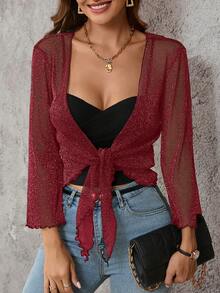 SHEIN Clasi Áo khoác voan mỏng tay bồng thắt nơ dành cho nữ - Màu Đỏ Sâu - Xem 5