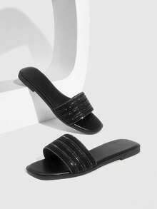 CUCCOO SZL Women's Summer Casual Flat Sandals With Zipper And Rhinestone Design, Non-Slip Beach Slippers - Black - View 1