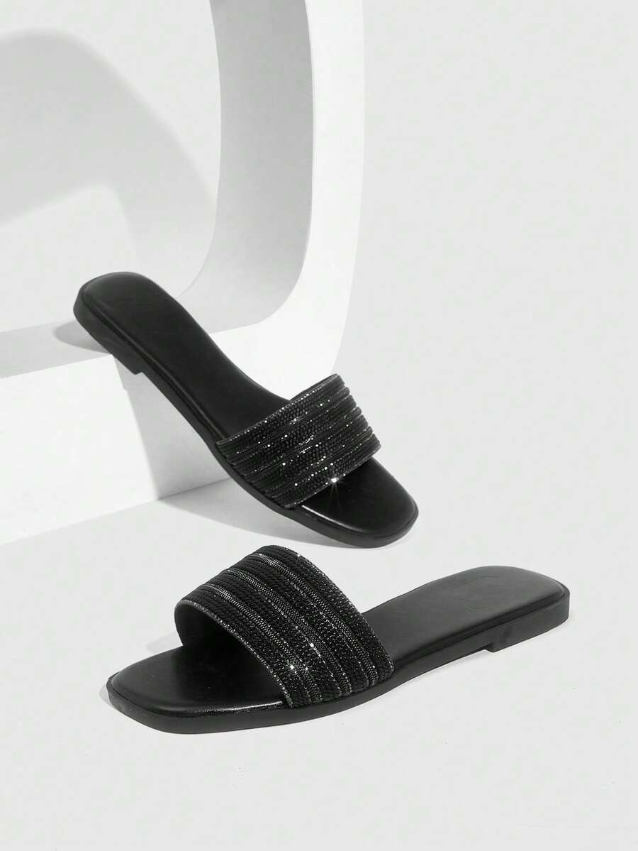 CUCCOO SZL Women's Summer Casual Flat Sandals With Zipper And Rhinestone Design, Non-Slip Beach Slippers - Black - View 1