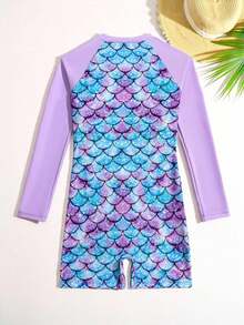 新款美人鱼印花长袖连体泳衣，女婴款，拉链闭合 - 彩色 - 查看 2