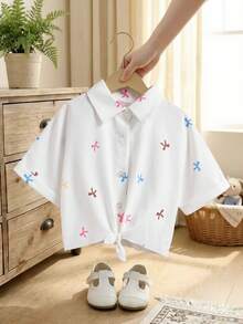 SHEIN 年轻女孩度假海滩休闲百搭刺绣镂空白色宽松短袖衬衫，假日，夏季，旅行 - 白色 - 查看 3