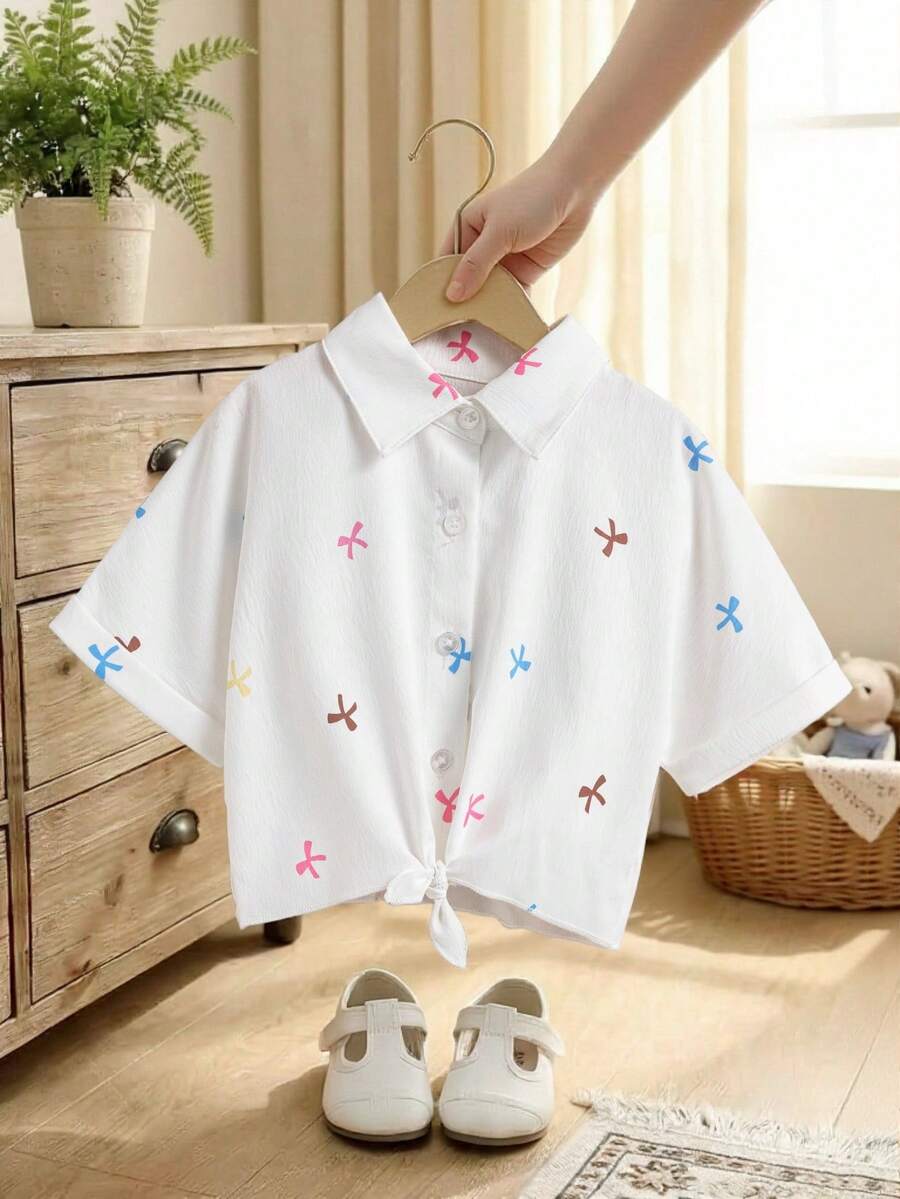 SHEIN 年轻女孩度假海滩休闲百搭刺绣镂空白色宽松短袖衬衫，假日，夏季，旅行 - 白色 - 查看 1