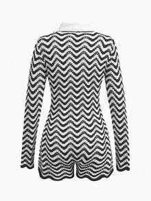 Maija Women's Vacation Beach Striped Hollow-Out One-Piece Swimsuit - Black and White - View 8