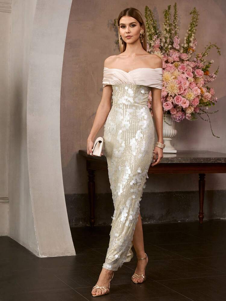 MOTF Soiréza ELEGANT NEW YEAR PARTY DRESS FOR WOMEN, CHEST RUCHING DETAIL, HIGH-LOW BACK SLIT, SPARKLY SEQUIN-EMBELLISHED SATIN PATCHWORK
