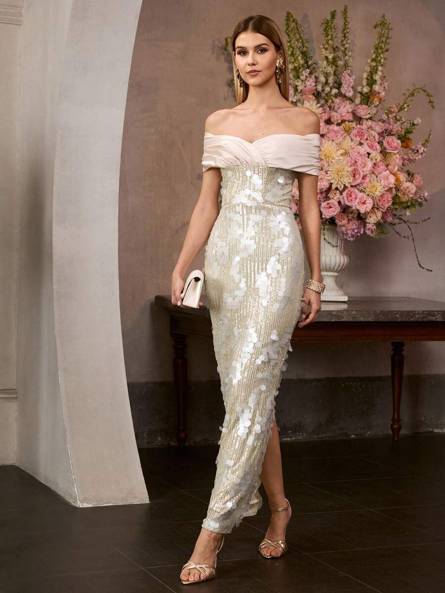 MOTF Soiréza Đầm dạ hội năm mới thanh lịch dành cho nữ, chi tiết nhún bèo ở ngực, xẻ tà cao thấp ở lưng, chất liệu satin đính sequin lấp lánh, kiểu dáng ôm sát, thích hợp cho các sự kiện buổi tối và tiệc tùng trang trọng, lễ kỷ niệm. - Màu be - Xem 2