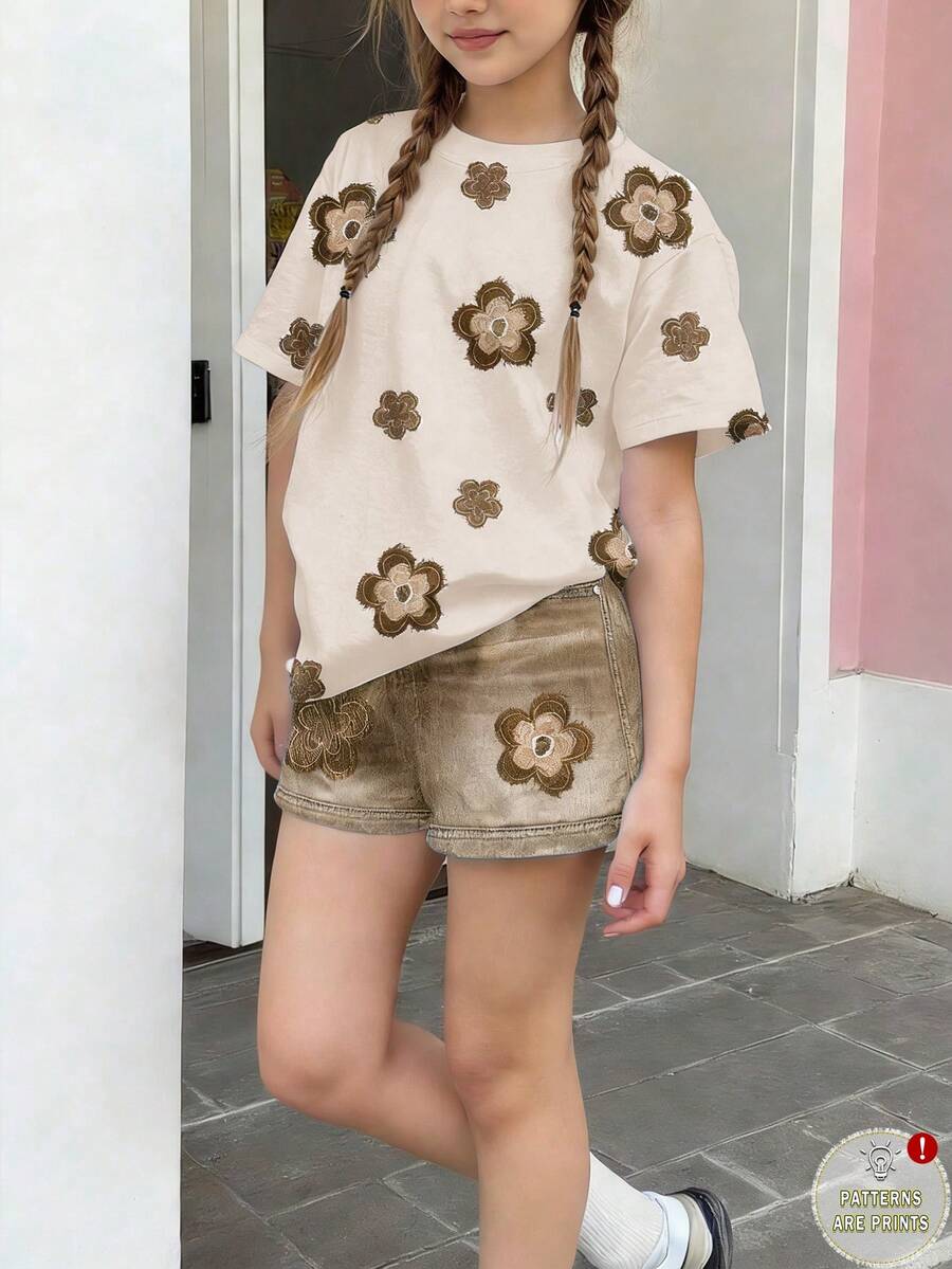 卡其色夏季可愛青少年女孩兩件套,復古花卉圖案短袖T恤與短褲,度假簡約休閒青少年女孩服飾 - 彩色 - 查看 1