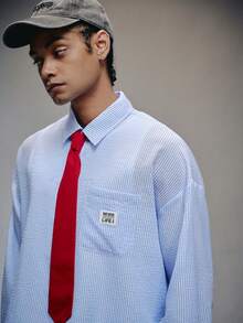 PAVTROS Men's Casual Long Sleeve Striped Print Shirt With Tie - Blue and White - View 4