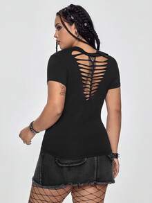 ROMWE Grunge Punk Plus Size Y2K Punk Sexy Distressed Design Fitted T-Shirt, Solid Color Versatile - Black - View 4