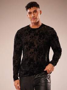 FeverCity 男士时尚优雅长袖圆领植绒T恤 - 黑色 - 查看 1