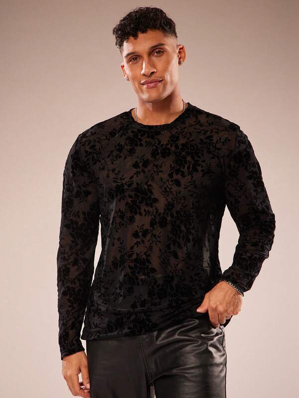 FeverCity 男士时尚优雅长袖圆领植绒T恤