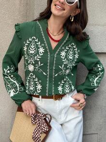 Solivie 女士花卉刺绣V领灯笼袖单排扣休闲度假衬衫 - 墨綠色 - 查看 4