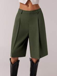SHEIN Forever 21 Women's Minimalist Solid Color Bermuda Shorts, Suitable For Commuting, Spring - Hunter Green - View 5