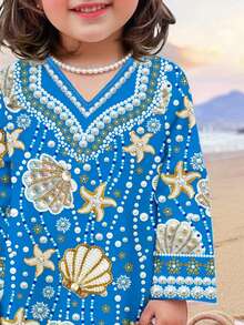 SHEIN Cute & Elegant Ocean Seashell, Star, Pearl Print Pattern Young Girl Casual Dress, Suitable For Spring/Summer - Multicolor - View 5