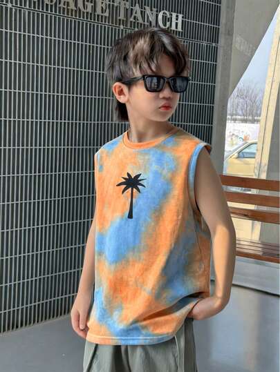 男童休闲度假扎染图案无袖圆领T恤，1件装，舒适百搭，适合多种场合穿着，春、夏、秋季新款