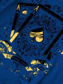 GENIUS ODE Men's Casual Fashion Street Daily Commute Poker Card Print Contrast Color Loose T-Shirt, Summer - Royal Blue - View 3