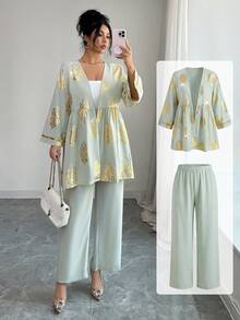 Al Najma Conjunto de 2 piezas de chaqueta y pantalones con estampado floral elegante y apertura frontal para mujer, otoño - verde menta - Ver 4