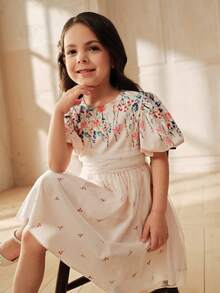 SHEIN 女童碎花泡泡袖网纱连衣裙，适合休闲外出、公园、度假等场合 - 杏色 - 查看 6