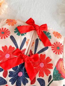 Travachic KIDS Bộ áo hai dây và quần short in hoa trang trí nơ cho bé gái tuổi teen, thích hợp cho kỳ nghỉ thường ngày. - Nhiều màu - Xem 4