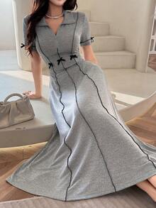 Feyla Women's Contrast Color Half-Zip Short Sleeve Bow Decor Midi Dress - Grey - View 4