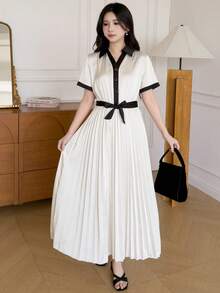 优雅通勤少女连衣裙，黑色衬衫领短袖褶裥喇叭裙，撞色设计，光泽面料，优雅公主裙 - 杏色 - 查看 5