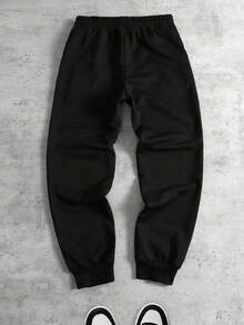 ROMWE MEN Men's Gothic Letter Print Drawstring Waist Jogger Pants - Black - View 2