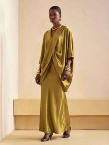 Zivah 新款春夏通勤优雅宽松芥末黄交叉廓形上衣+缎面半裙两件套，适合情人节、约会、派对、聚会、节日、度假、休闲风、海滩、海边、音乐会、日常出行、新年、狂欢、早午餐、婚礼宾客、婚礼季等场合，休闲百搭。 - 芥末黃 - 查看 6
