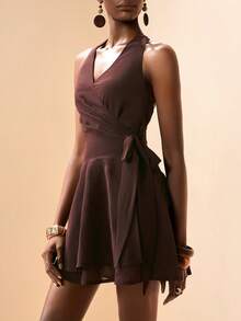 Zivah's Spring/Summer 2026 Collection Is Suitable For A Variety Of Occasions, Including Music Festivals, St. Patrick's Day, Valentine's Day, Dates, Western Themes, Nomadic Styles, Birthdays, Graduation Parties, Campus Life, Everyday Casual, Versatile Pieces, Casual Wear, Cruise Travel, Beachwear, Sunbathing, Streetwear, Wedding Guests, Bohemian Style, Commuting, Brunch, Airport Wear, Parties, Holiday Travel, Office Wear, And Resort Wear. This Dark Brown Chiffon Casual V-Neck Backless Side-Tie Loose-Fitting Mini Dress Is A Women's Summer Dress. - Brown - View 8