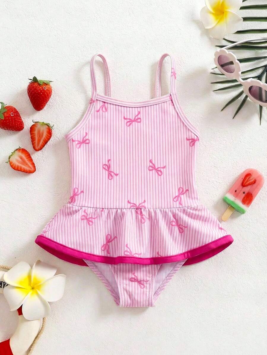 Emery Rose Kids Emery Rose Kids 女婴条纹蝴蝶结印花荷叶边休闲沙滩度假吊带连体泳衣套装，夏季女婴邮轮度假沙滩裙，草莓双胞胎女童夏季连衣裙和帽子，俏皮伙伴女婴泳衣套装（含帽子），新生女婴 - 紅色 - 查看 1