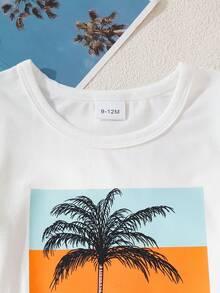 SHEIN Playful Pals 2pcs/Set Infant/Toddler Baby Boy White Summer Casual Beach Vacation Holiday Palm Tree & Letter Print T-Shirt And Drawstring Shorts Hawaiian Outfits - Orange - View 3