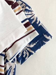 SHEIN Playful Pals 3件套男宝宝度假风可爱动物条纹椰树印花针织短袖上衣搭配松紧腰短裤，适合男宝宝休闲穿着、户外活动、拍照、春夏穿着。 - 彩色 - 查看 4