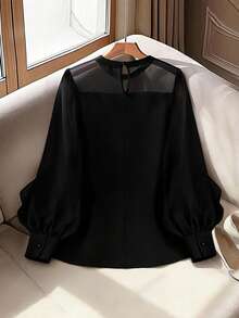 Plus Size Elegant Solid Color Mesh Patchwork Round Neck Long Sleeve Blouse - Black - View 2