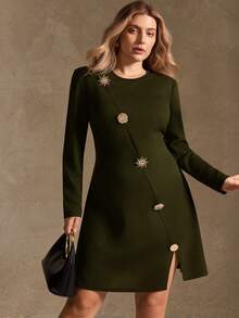 Elegantrix 大码女式圆领金属纽扣装饰收腰A字开衩下摆休闲迷你连衣裙，秋冬款 - 軍綠色 - 查看 5