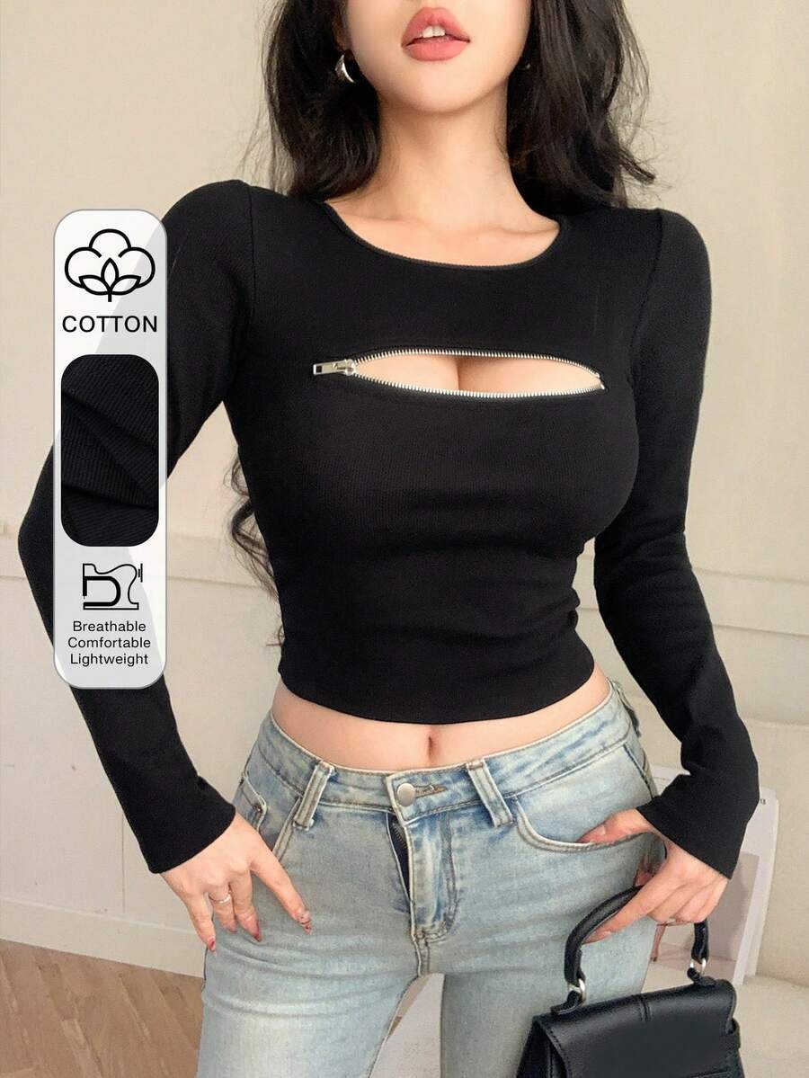 DAZY 休闲修身时尚街头风镂空拉链设计长袖T恤，女士春夏款 - 黑色 - 查看 1