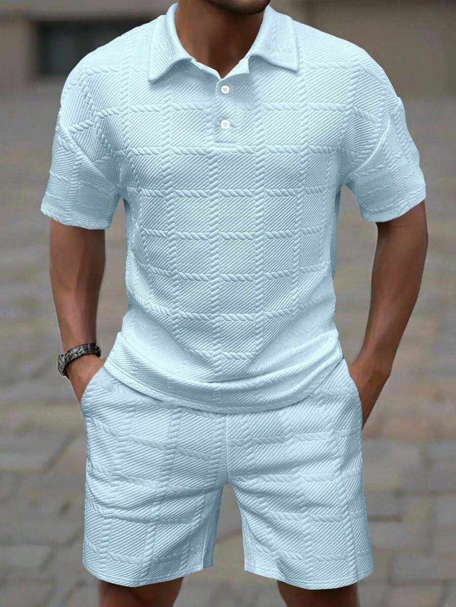 Manfinity Homme Men's Textured Short Sleeve Casual Polo Shirt And Shorts Set - Baby Blue - View 1