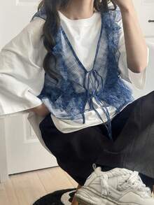 FRIFUL Women's Plaid Blue Sheer Mesh Fabric Layered Tie-Up Bow Loose Casual Versatile Blouse - Blue - View 6