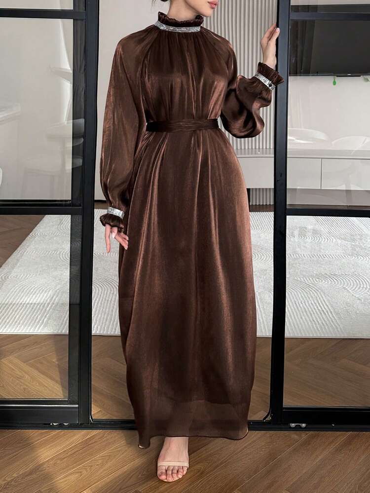 Women's Sequin Patchwork Collar Raglan Sleeve Loose Elegant Mid-Length Dress Sundress