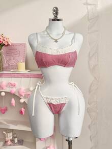 PetitDoll 2pcs Women Plaid Print Bow Decor Comfortable Lingerie Set - Pink - View 6